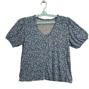 Loft Outlet Blue Floral Puff Sleeve Rayon Womens Top L Cottagecore Boho Romantic